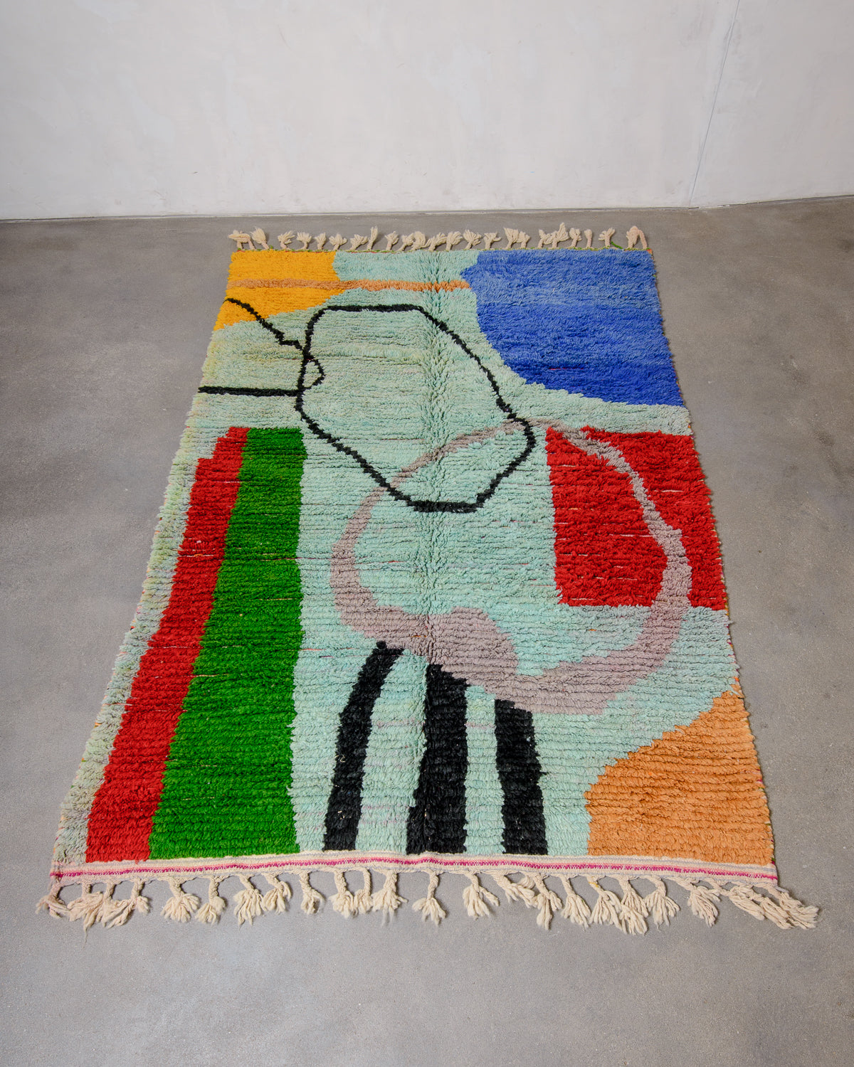 Modern, designer, handcrafted Berber rug from Morocco. Vintage carpet with beautiful colours and patterns and fluffy texture.
